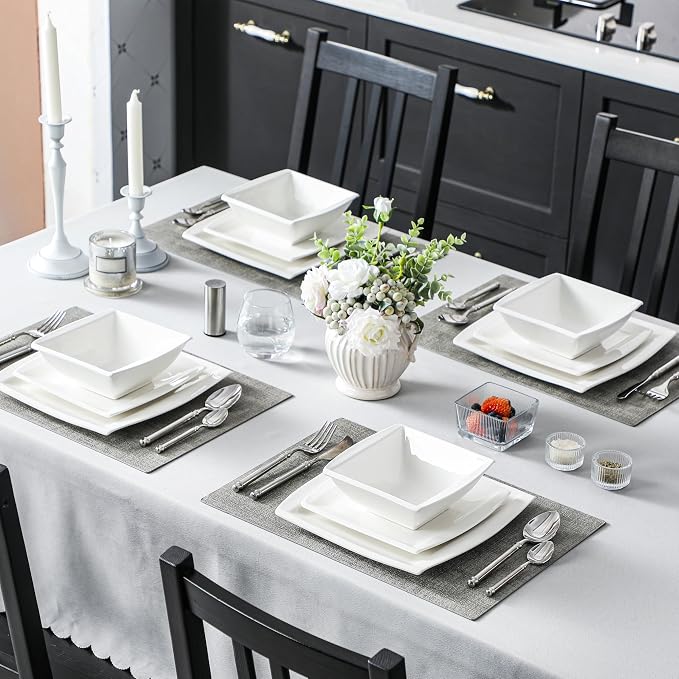 MALACASA 30 Piece Porcelain Dinnerware Set, Square Plates and Bowls - Image 8