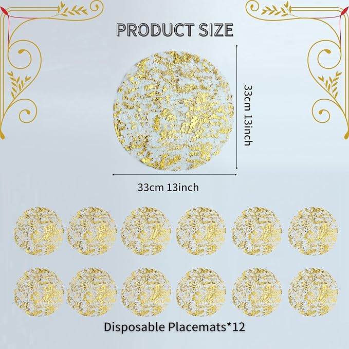 Snowkingdom Disposable Gold Placemats Set of 12 Metallic Round 13 Inch Foil - Image 5