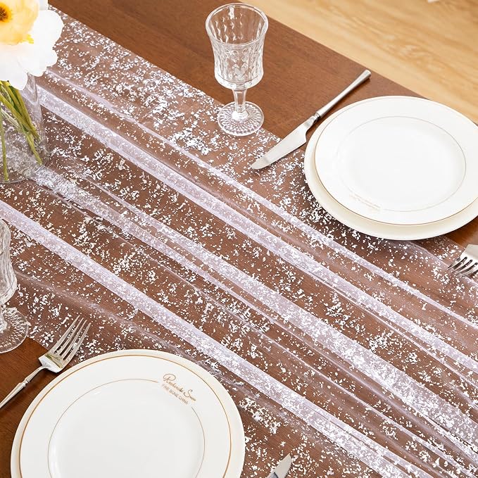 SiinvdaBZX White Silver Sheer Tulle Table Runner 120 Inch/10 Ft Long | Gauze - Image 6
