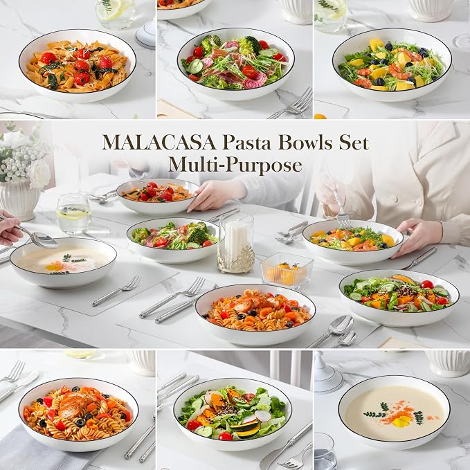 MALACASA 8.85" Large Pasta Bowls, 42 OZ White Salad Bowls Soup Bowls, Porcelain - Image 5