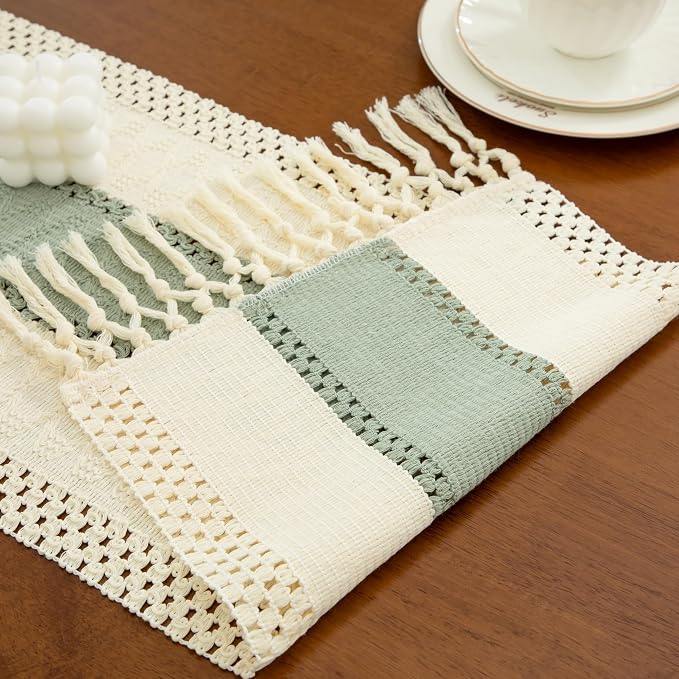 Boho Green Table Runner, 12x36 Inches | Tassels, Summer Farmhouse, Woven Cotton - Image 4