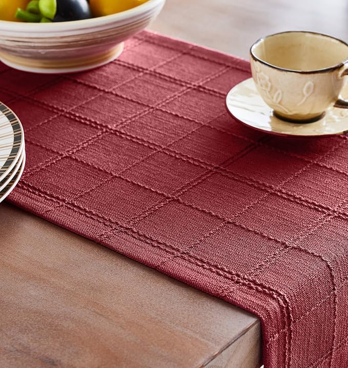 Linen Checked Farmhouse Table Runner, 13x90 Inches Burgundy | Raised Grid Design - Image 5