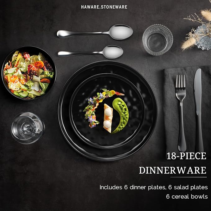 HaWare Dinnerware Sets, 18-Piece Plates and Bowls Set, Matte Black | Stoneware - Image 3