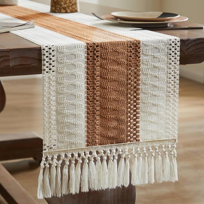 Macrame Style Bicolor Stitching Table Runner 14x72in Caramel | Woven Boho Table - Image 7