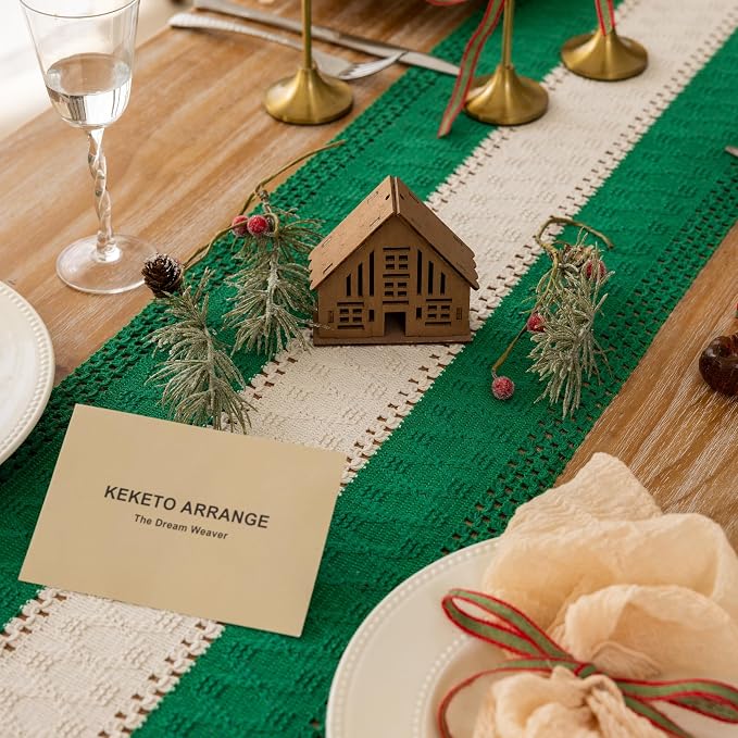 Keketoarrange Christmas Green Boho Table Runner 12x60 Inch | Woven Burlap - Image 2
