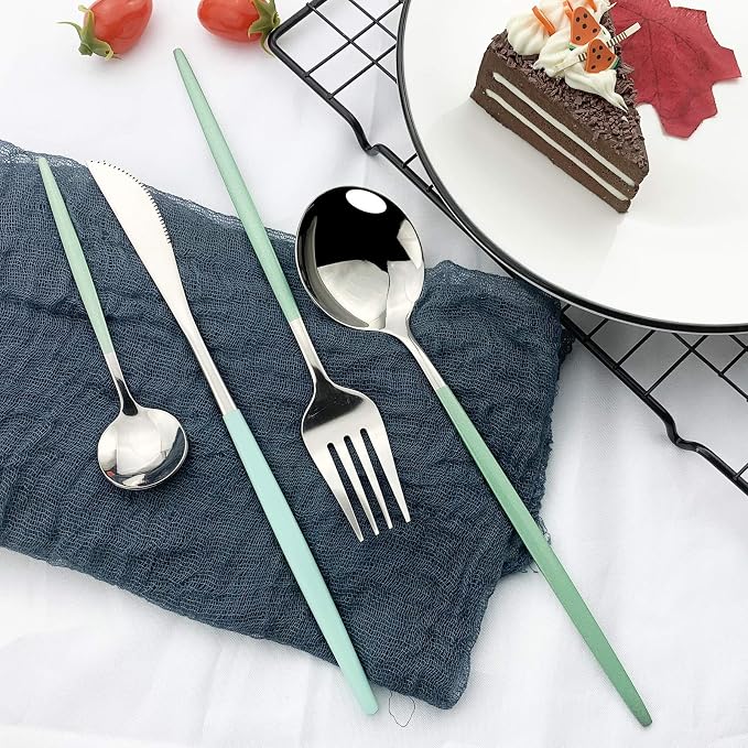 JASHII Flatware Serving Set 24 Piece, Stainless Steel Silverware Set, Mint - Image 5