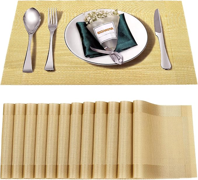 Placemats Set of 12, Vinyl Woven Gold Non Slip Table Mats | Heat Resistant by BxzanDya-LifeSmartMaker