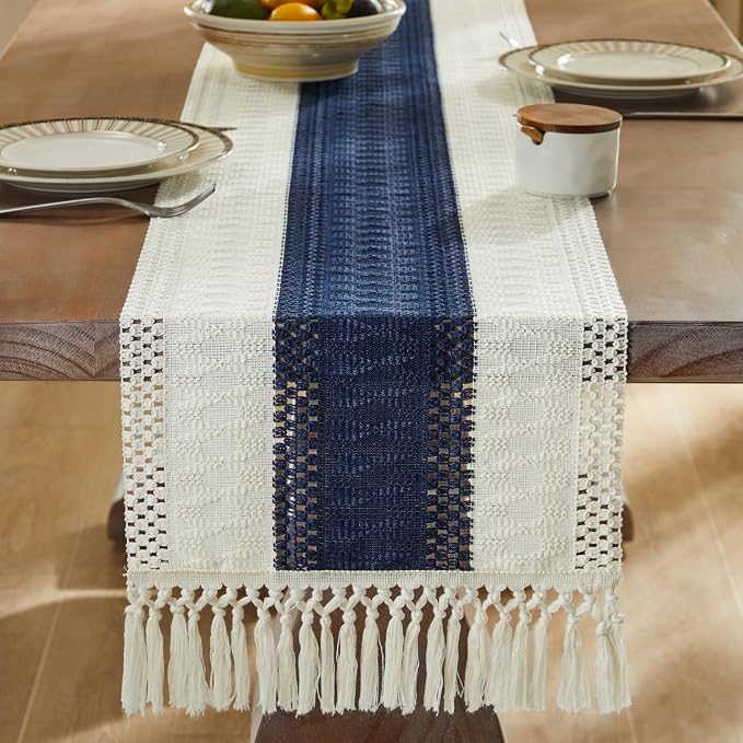 Macrame Style Bicolor Stitching Table Runner 14x48in Navy Blue | Woven Boho - Image 3