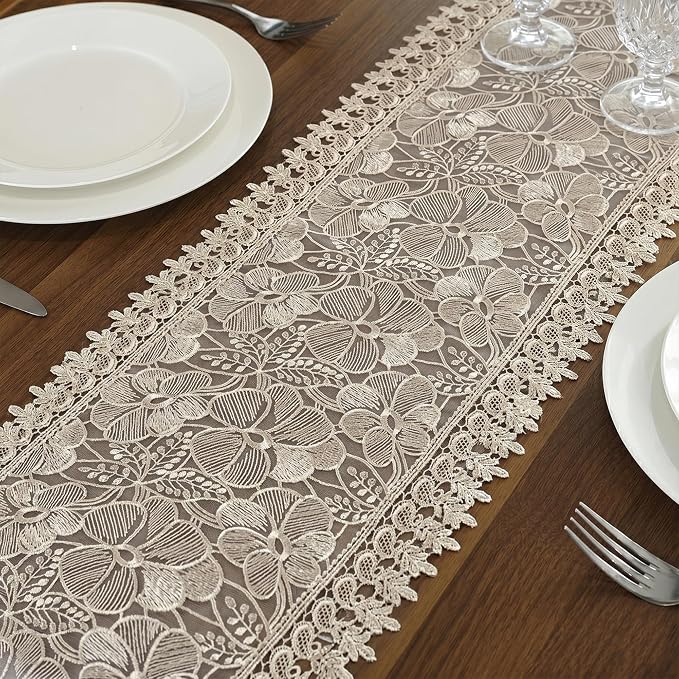 SIOLOC 2 Pack Champagne Lace Runner 14x48, Floral Embroidered | Matching - Image 3