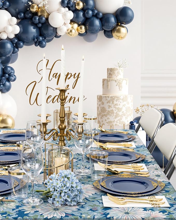 Nervure 175Pcs Blue Plastic Plates, Disposable Dinnerware Set - Image 7