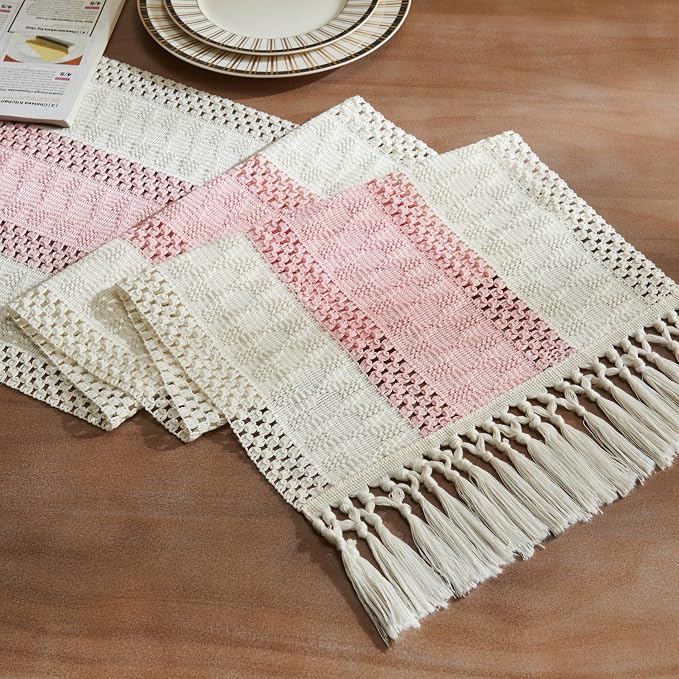Macrame Style Bicolor Stitching Table Runner 14x90in Light Pink | Woven Boho by ZEEMARTONLINE