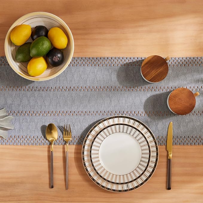 Macrame Style Boho Table Runner, 12x48 Inch Light Blue Grey | Woven Boho Table - Image 4