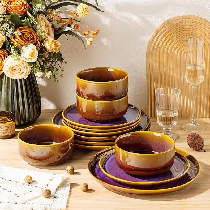 Ceramic Dinnerware Set for 8, 24-Piece Plates and Bowls Set | Handmade Reactive - Image 4