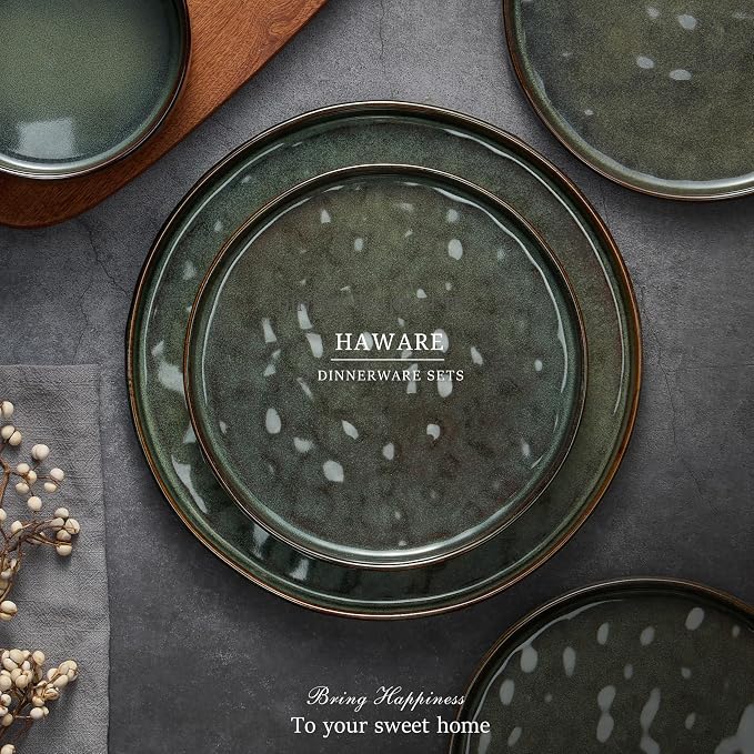 HaWare Dinnerware Sets, 12-Piece Plates and Bowls Set, Reactive Moss Green | - Image 7
