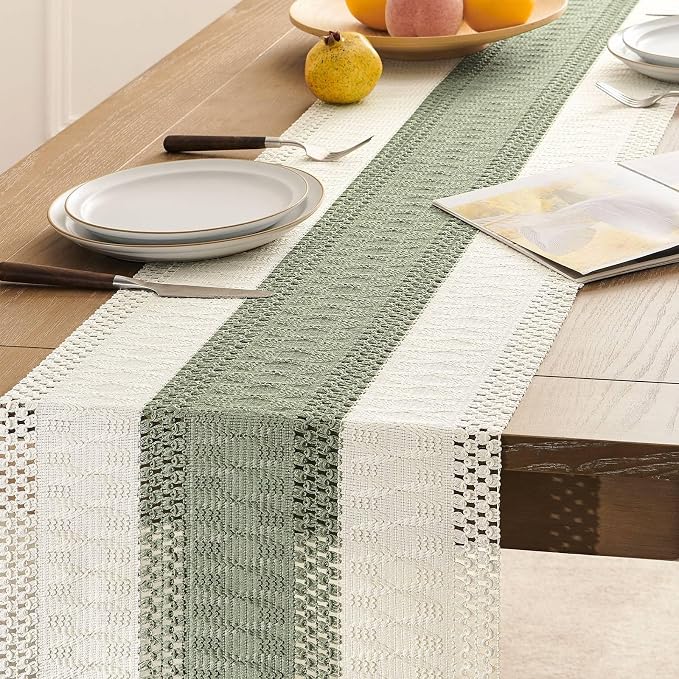 Macrame Style Bicolor Stitching Table Runner 14x90in Green | Woven Boho Table - Image 5