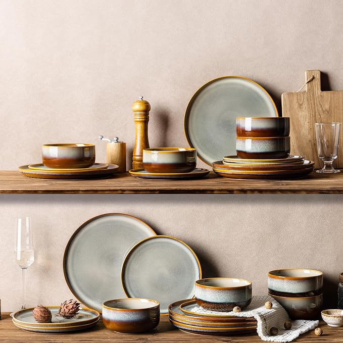 Ceramic Dinnerware Set for 4, 12-Piece Plates and Bowls Set | Handmade Reactive - Image 7