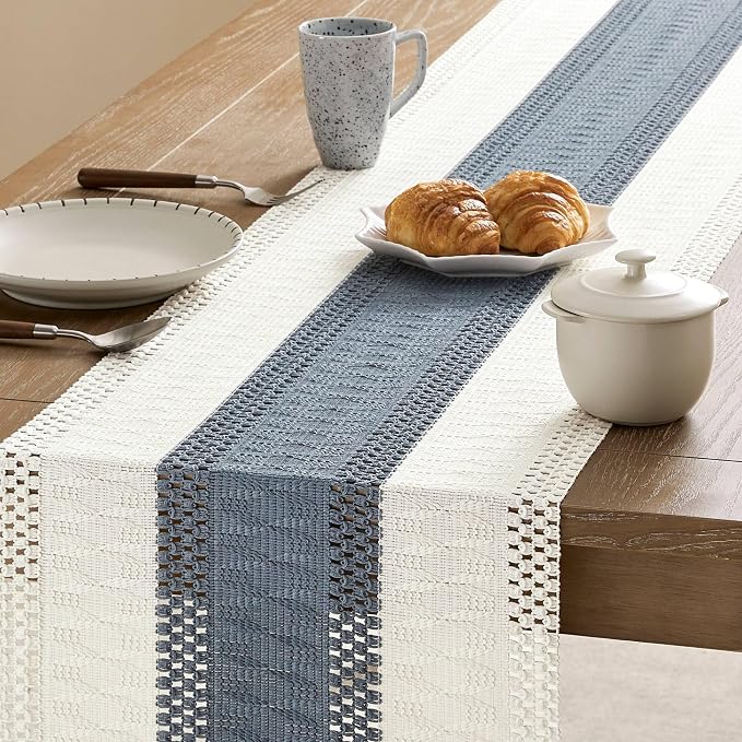 Macrame Style Bicolor Stitching Table Runner 14x90in Navy | Woven Boho Table - Image 4