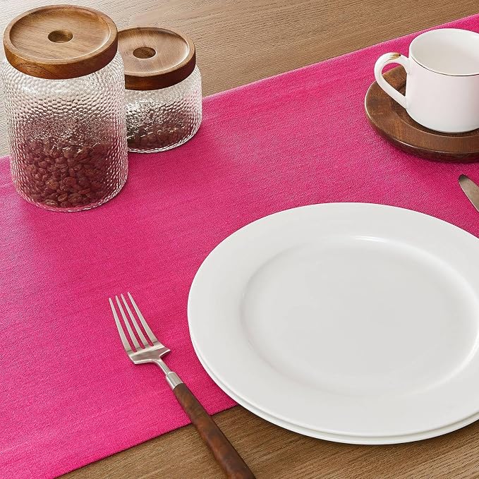 Linen Textured Border Table Runner, 14 x 90 Inch Hot Pink | Mitered Corner - Image 5