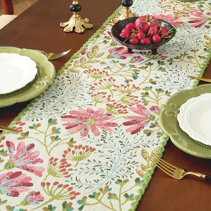 Spring Botanical Floral Green Lace Table Runners 12 x 71 Inch | Jacquard Weave - Image 5
