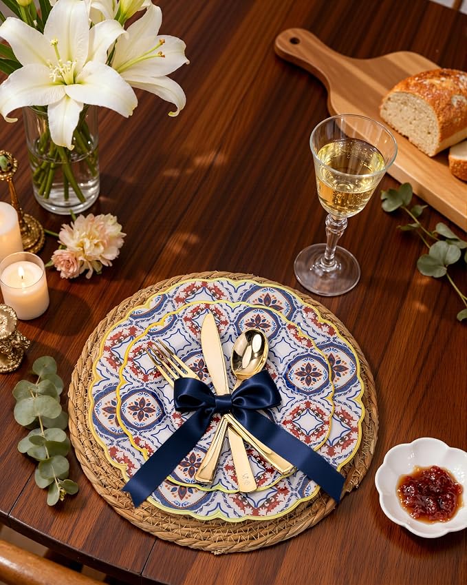 Morejoy 60pcs Floral Plastic Disposable Plates Set - Image 5