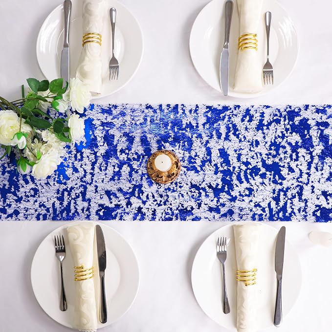 Snowkingdom 2 Pieces Royal Blue Table Runner, Sequin Glitter Foil Metallic Thin - Image 6