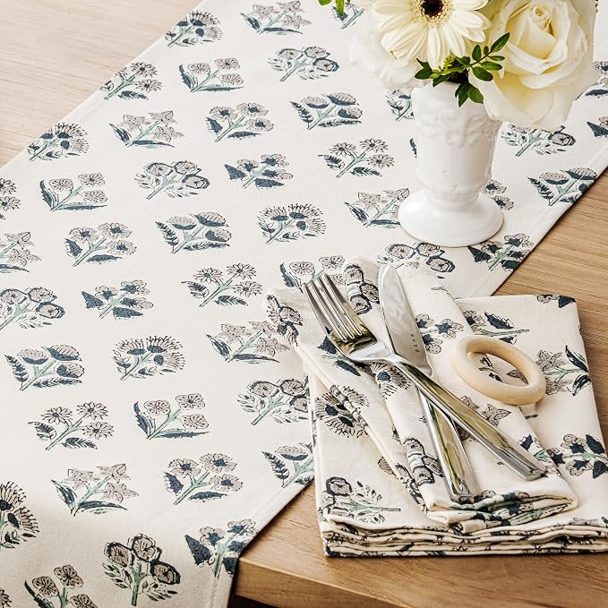 Block Print Floral Decorative Table Runners, 13x90 Inch Grey | 100% Organic - Image 2
