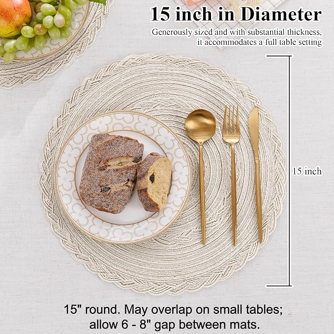 SHACOS Round Placemats Set of 6 Boho Braided Bordered Place Mats 15 inch - Image 5