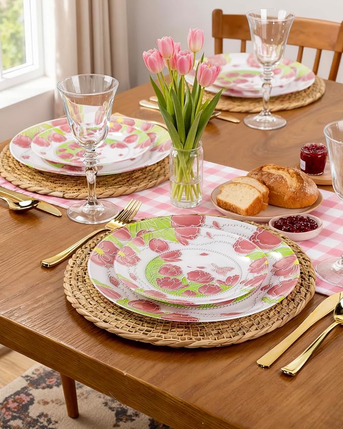 60 Pcs Disposable Plates, Pearl Trim | Elegant pink tulip & butterfly pattern - Image 2