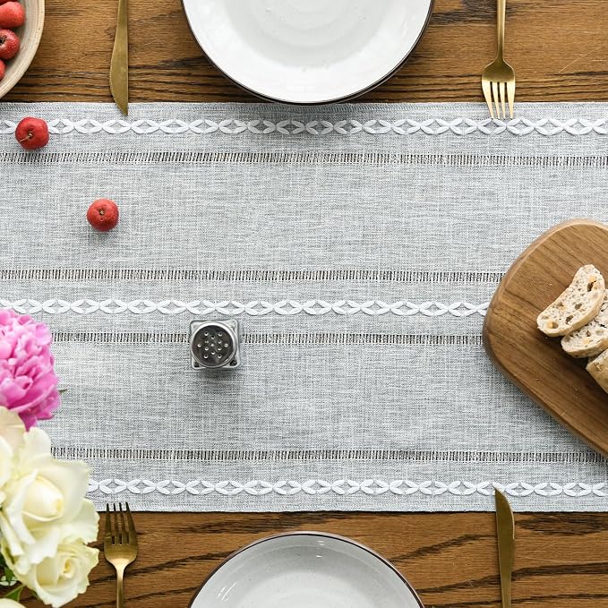 Artoid Mode Grey Rustic Cotton Linen Table Runner, Seasonal Embroidered Hollow - Image 2