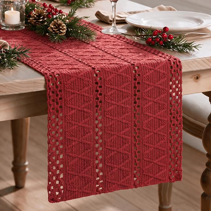 Artoid Mode Rose Red Woven Farmhouse Hollow Table Runner 12x90 Inch | Holiday - Image 2