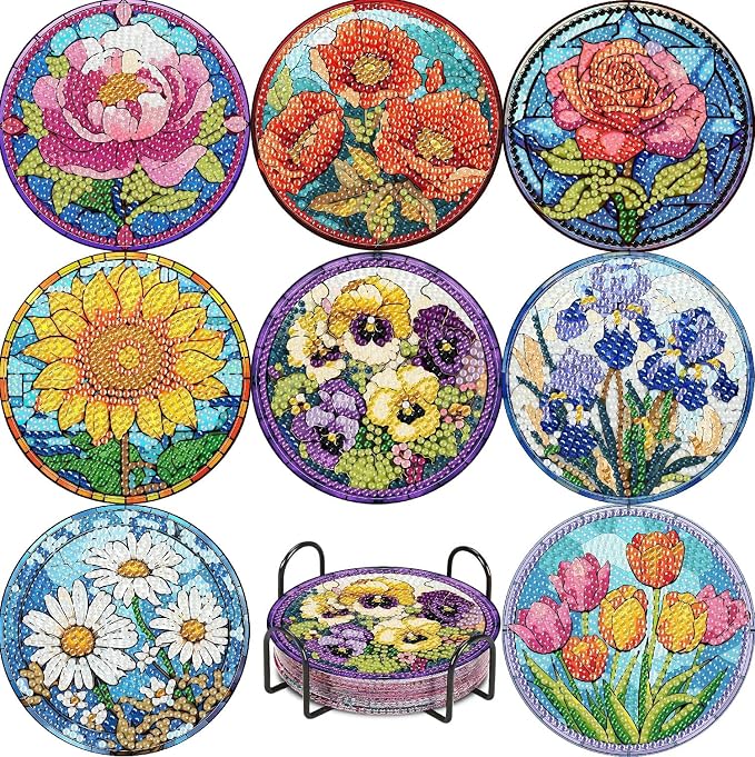 8 Pack Flower Diamond Art Coasters Kits-Diamond Painting Coasters Kit | 5D by VIGEGU