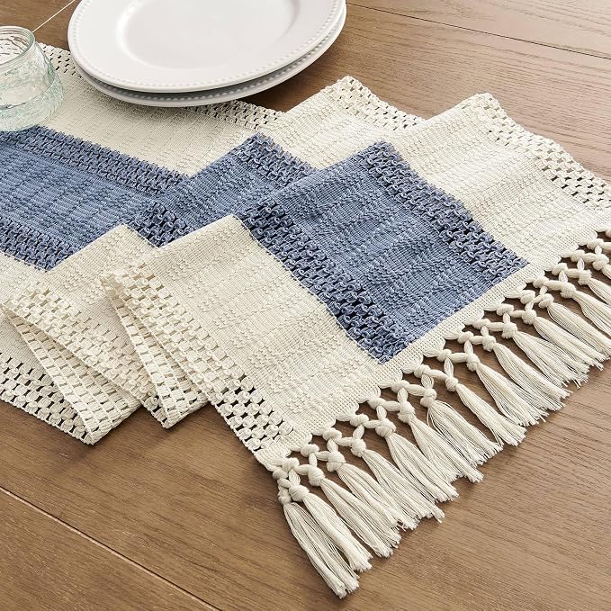 Macrame Style Bicolor Stitching Table Runner 14x90in Blue | Woven Boho Table - Image 7