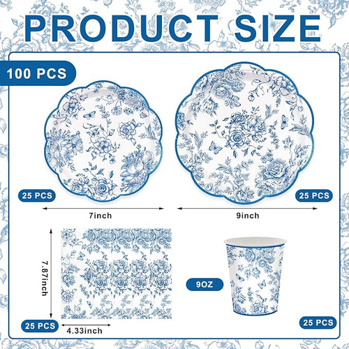 100pcs Blue Floral Paper Plates Napkins Flower Scalloped Tableware | Disposable - Image 2