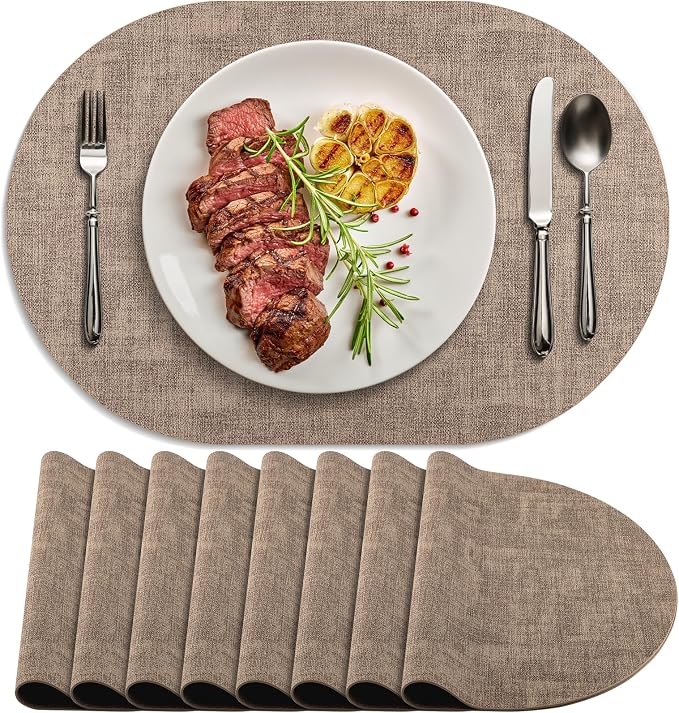 Placemats Set of 8 Non Slip, Heat Resistant Oval Faux Leather Place mats Double by Delicateandelegantplacemats