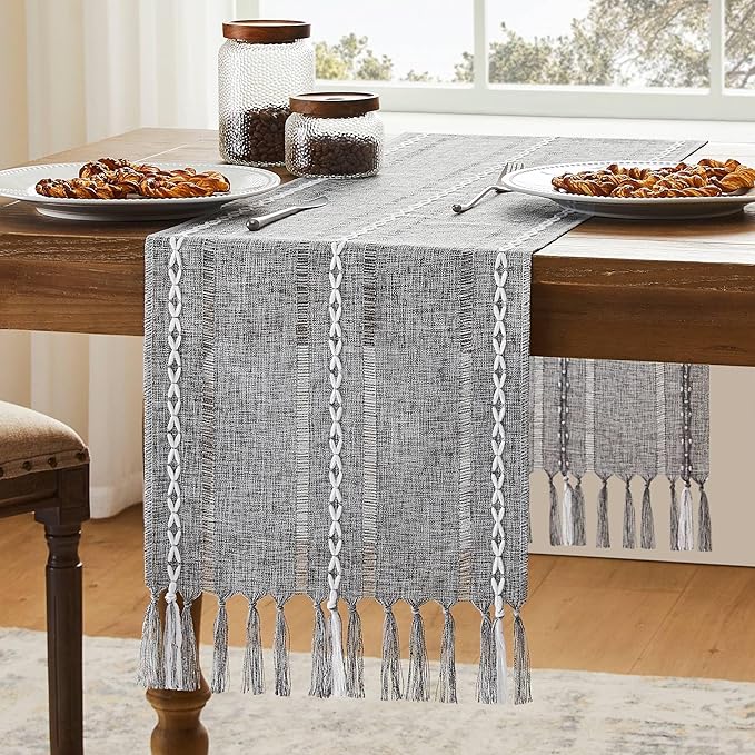 Hemstitched Farmhouse Table Runner, Charcoal 13x90 Inch, Cotton Linen Table by Unknown