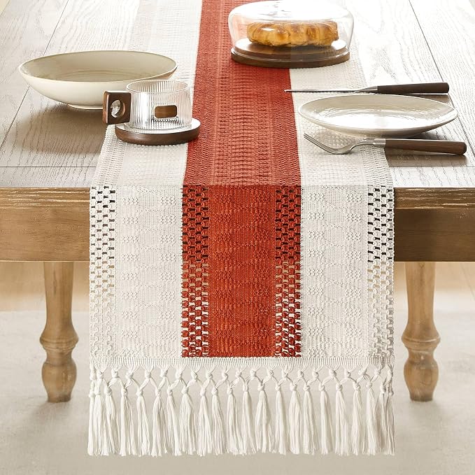 Macrame Style Bicolor Stitching Table Runner 14x48in Orange | Woven Boho Table - Image 2