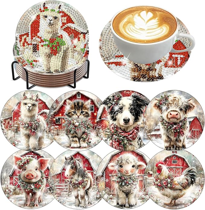 8 Pack Christmas Diamond Art Coasters Kits, 4x4 inch | Christmas Animal Diamond by ijbnhd