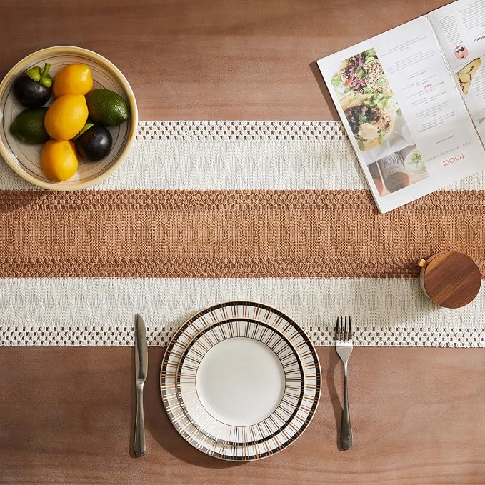 Macrame Style Bicolor Stitching Table Runner 14x48in Caramel | Woven Boho Table - Image 4