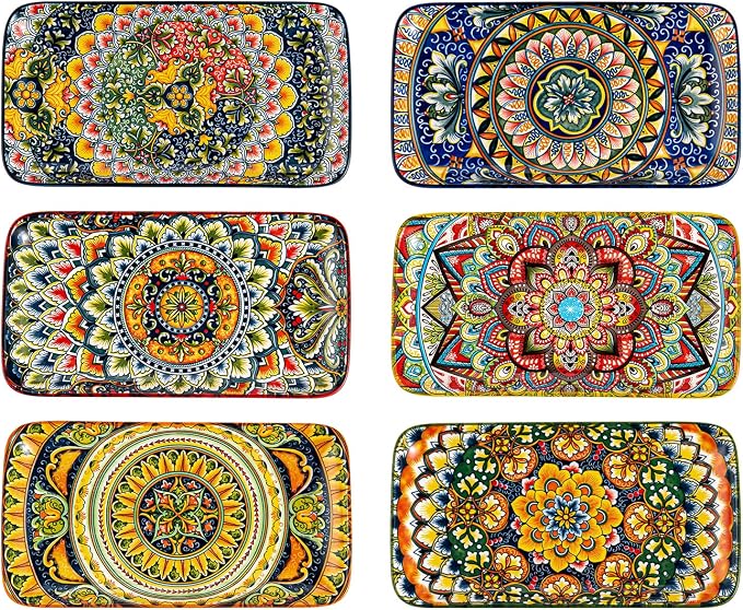 Henten Home Ceramic 10 Inch Salad Plates, Colorful Rectangular Plate Set of 6 by HentenHome
