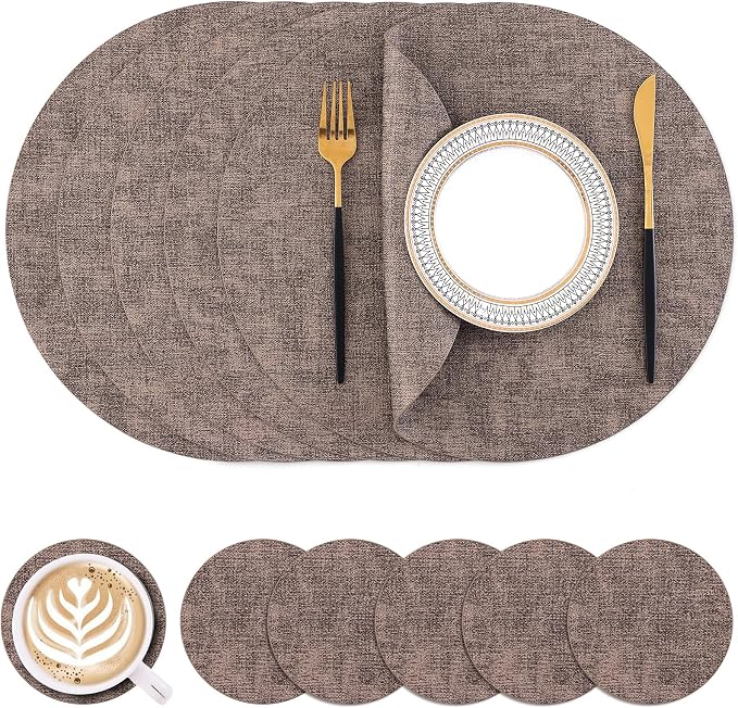 Homaxy Round Faux Leather Placemats and Coasters, Dark Brown | Washable by Homaxy
