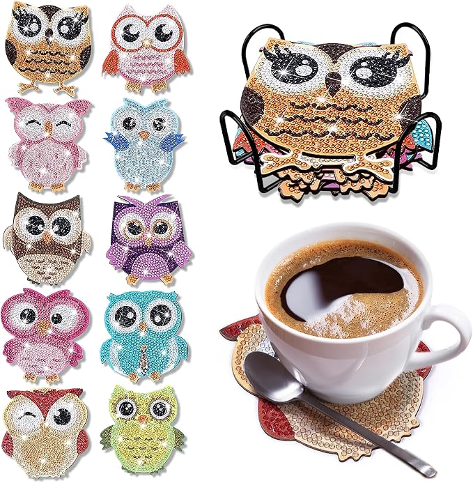 10 pcs Diamond Painting Coasters | Diamond Art Coasters | Owls Diamond Art by LGANHAPY