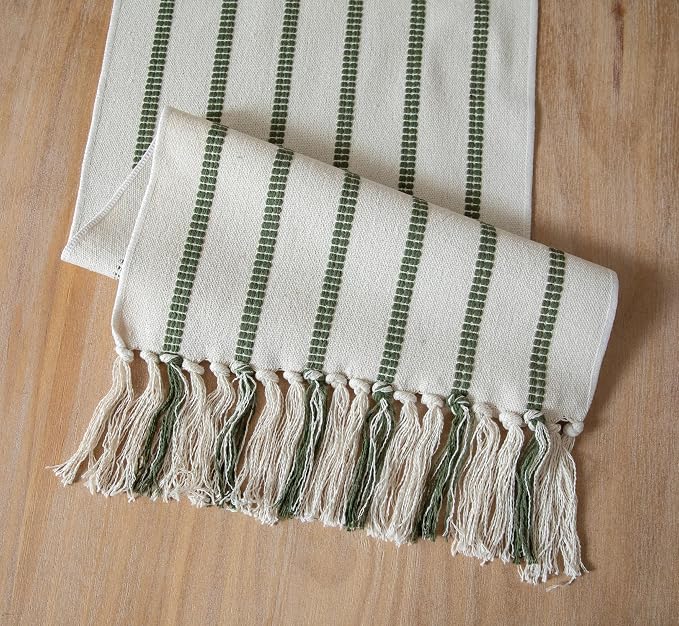 Caflife Boho Table Runner 90 Inchs Long Green and Beige, Cotton and Linen Woven - Image 7