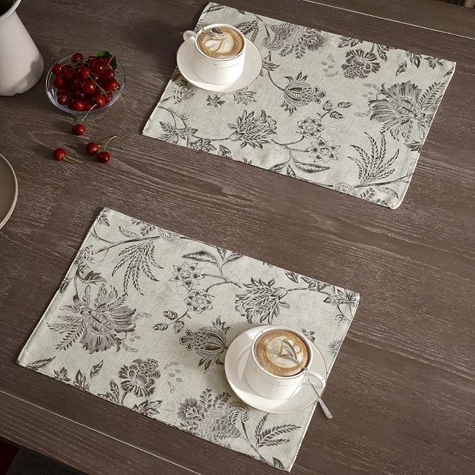 JINCHAN Sliva Linen Floral Placemats Set of 4 Farmhouse 13x19 Inch Grey | - Image 2