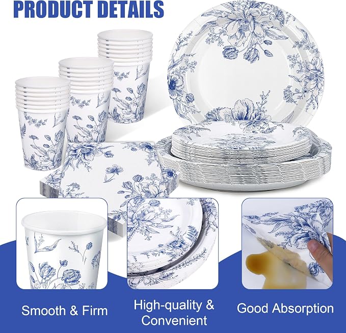 Kochorie 96 Piece Blue and White Floral Disposable Party Supplies Elegant - Image 3