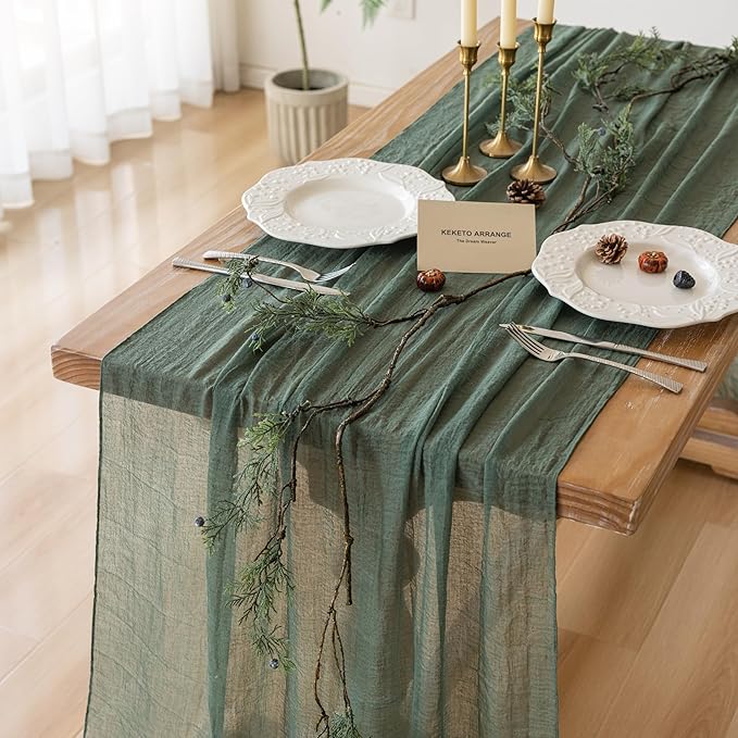 6Pcs Forest Green Cheesecloth Table Runner 120 Inches by KEKETOARRANGE