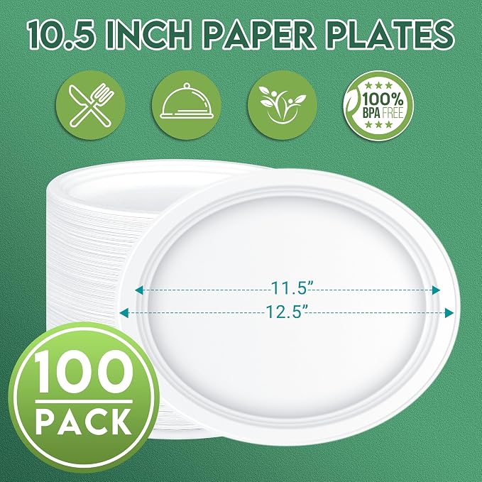 ZOES HOMEWARE 100% Compostable Oval Paper Plates 12 inch Bulk 100 Count | Heavy - Image 2