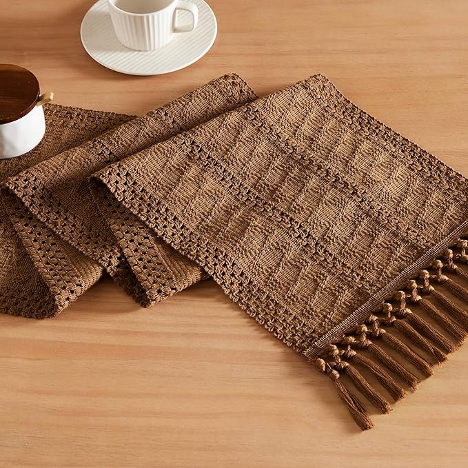 Macrame Style Boho Table Runner, 12x90 Inch Caramel | Woven Boho Table Runner by ZEEMARTONLINE
