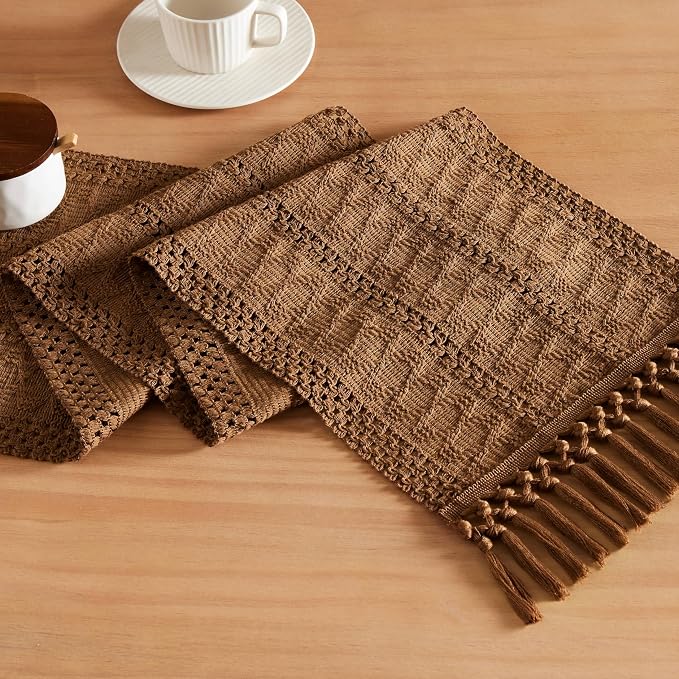 Macrame Style Boho Table Runner, 12x48 Inch Caramel | Woven Boho Table Runner by ZEEMARTONLINE