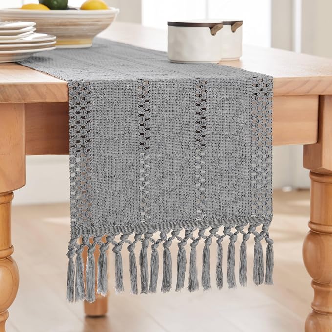 Macrame Style Boho Table Runner, 12x60 Inch Light Blue Grey | Woven Boho Table - Image 7
