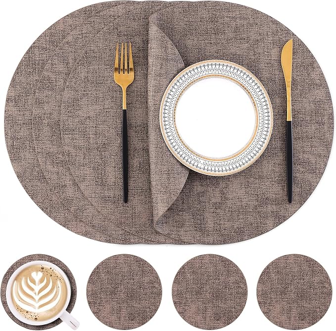 Homaxy Round Faux Leather Placemats and Coasters, Dark Brown | Washable by Homaxy